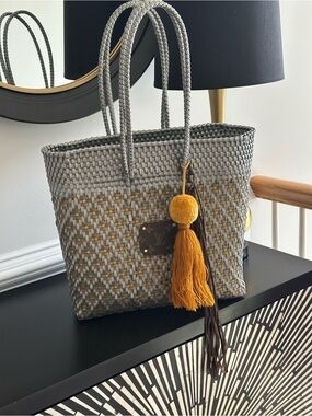 Customized Woven Gray Tote Bag with Mustard Tassel